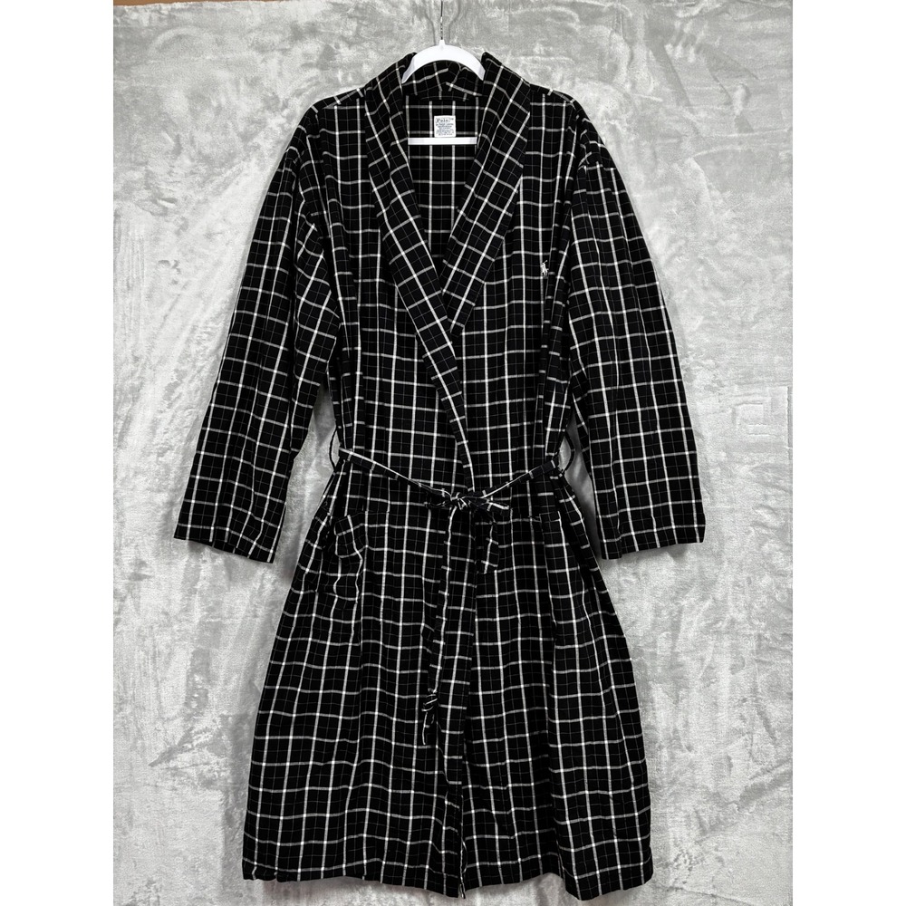 Polo Ralph Lauren Mens Black White Windowpane Plaid Cotton Robe S/M Shawl Collar